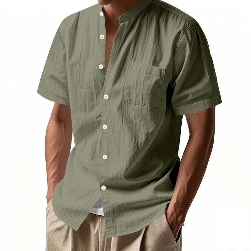 Men's White Stand Collar Short Sleeve Button-Down Shirt with Chest Pocket