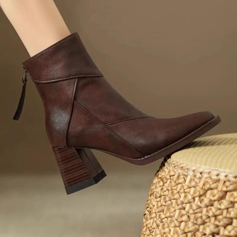 New Chelsea Boots Women Shoes Chunky Ankle Goth Mid Heels Brand Winter Pointed Toe Boots Motorcycle Botas Femme