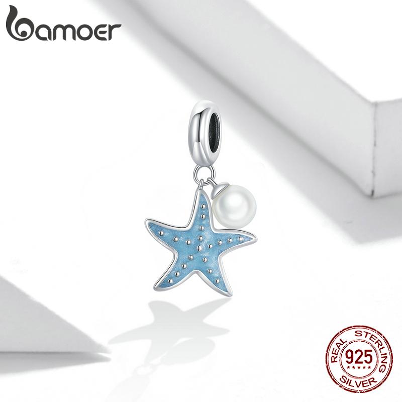 Bamoer 925 Sterling Silver Blue Starfish Hanging Beads Charm Fit Original 3MM Bracelet or Necklace DIY Jewelry