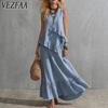 Women's Fashion Summer Spring Solid Color Print Sleeveless O-Neck Loose Waistline Casual Dresses