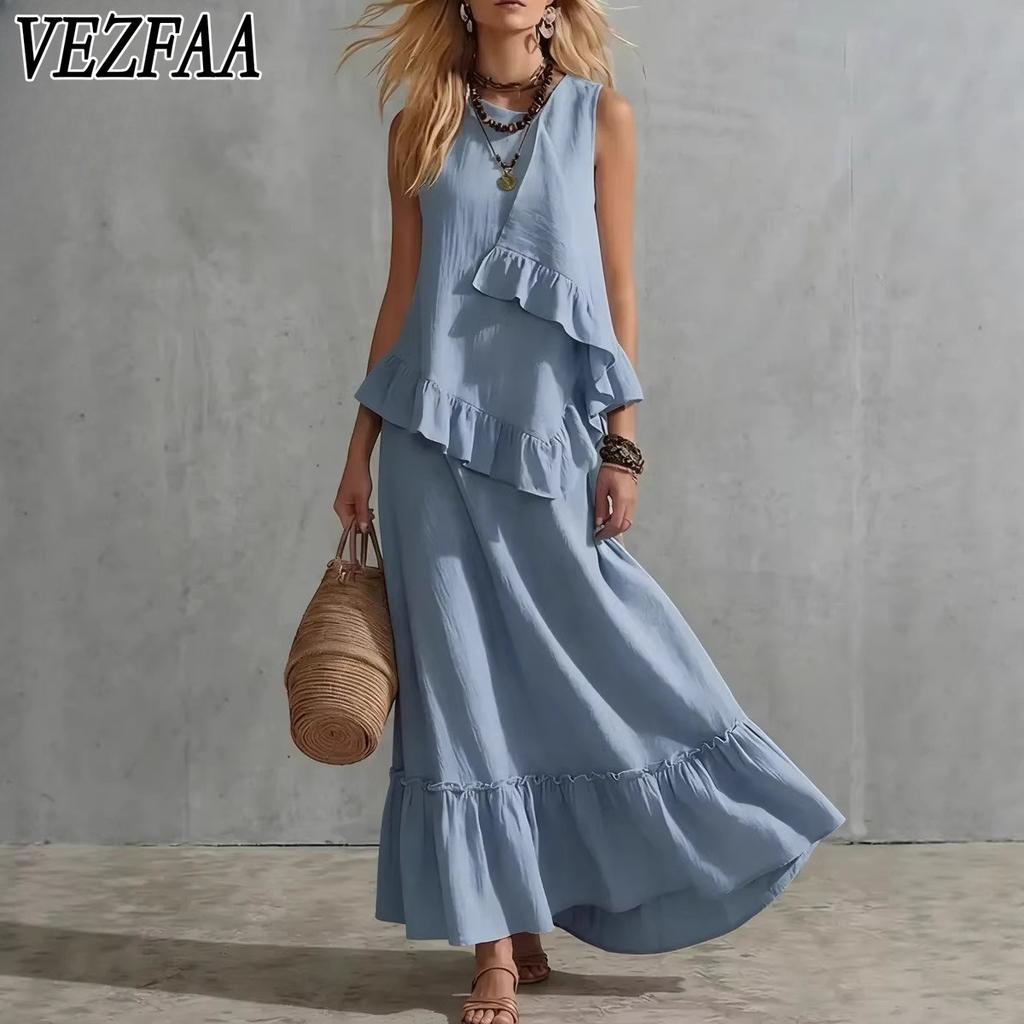 VEZFAA Women's Fashion Summer Spring Solid Color Print Sleeveless O-Neck Loose Waistline Casual Dresses