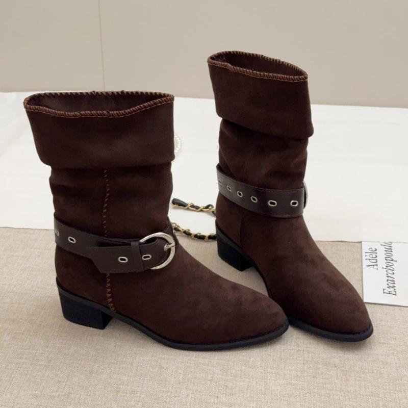 Retro Womens Faux Suede Western Cowboy Ort Boots Women's Autumn Winter Fashion Booties Pointed Toe Crumpled Booties Comfortable