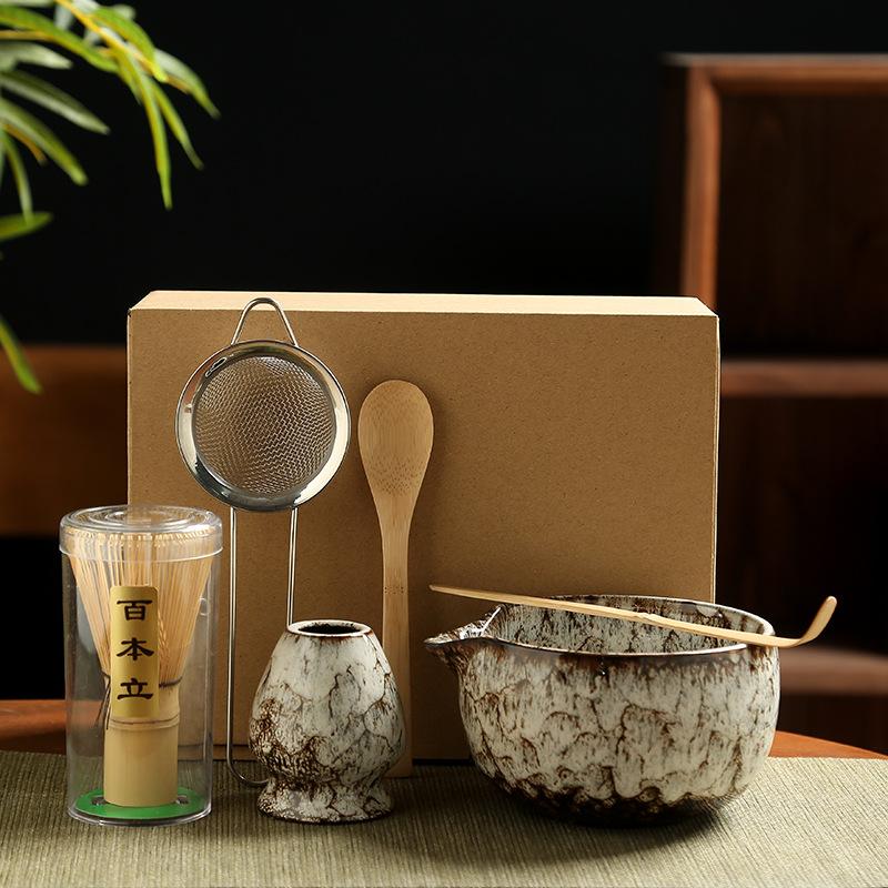 6PCS Matcha Tea Set Ceramic Matcha Bowl Bamboo Whisk Scoop Teaspoon Sifter Vintage Song Dynasty Tea Ceremony Kit