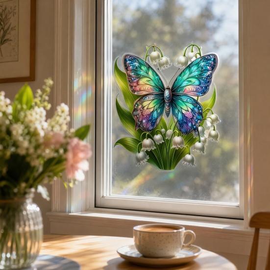 Flower Butterfly Design Window Sticker, Adhesion No Glue Waterproof Wall Decal for Living Room Bedroom Entrance Hall Home Decor