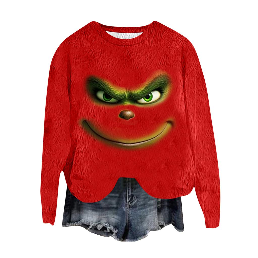 Women's Fashion Round Neck Pullover Top Long Sleeve Tee Christmas Printed Sweatshirt