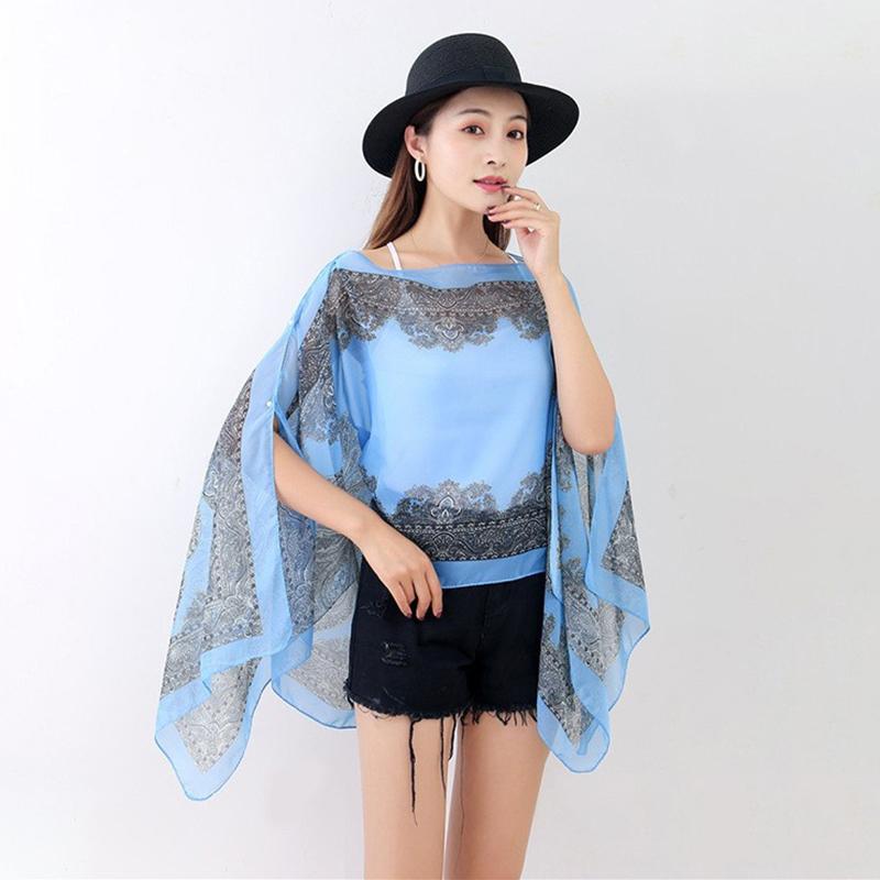 Beach Sun Protection Shawl Women Clothes Summer Beach Bikini Cover Up Loose Chiffon Blouse Shawl Scarf With Buttons