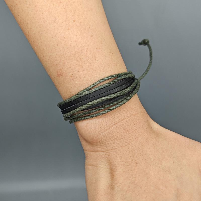Регулируемый Многослойный Ручной Работы Кожаный Браслет – Универсальный Унисекс Студенческий Аксессуар зелёный