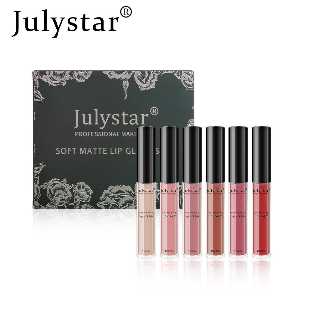 JULYSTAR Professional Soft Matte Lip Cream Set 6 Pieces Long-Lasting Waterproof Velvety Liquid Lipstick Nude Red Lip Makeup Gift Box for Women