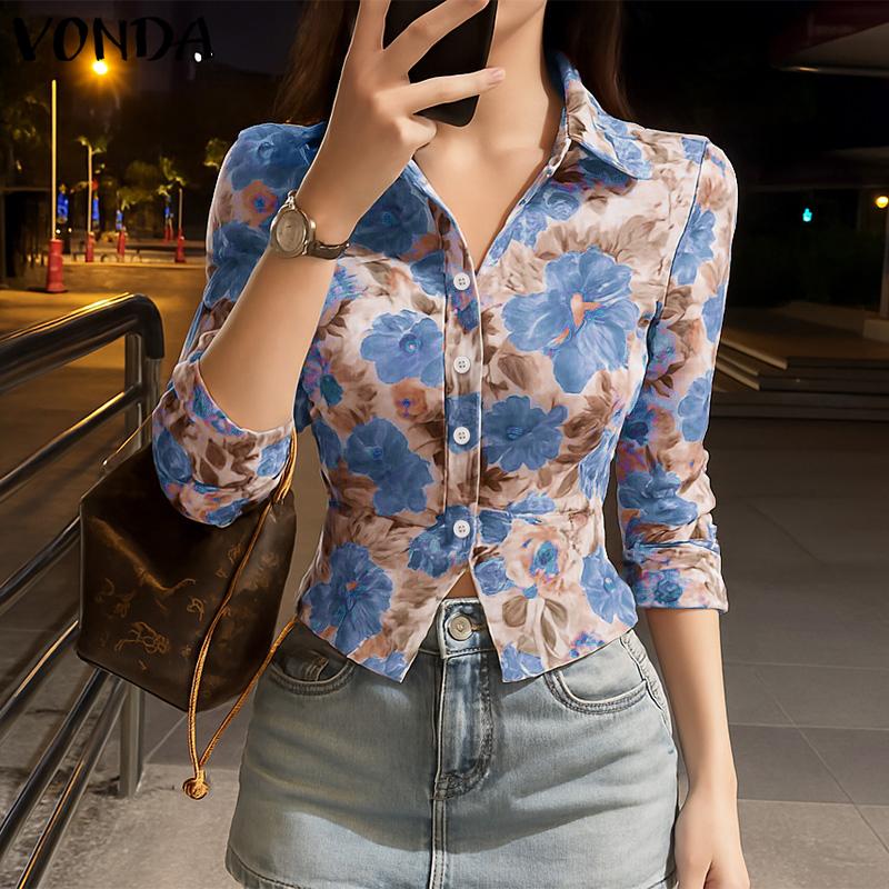 

VONDA Женская блузка с лацканами, рукавом 3/4, цветочным принтом, приталенная, повседневная, укороченная 3XL синий