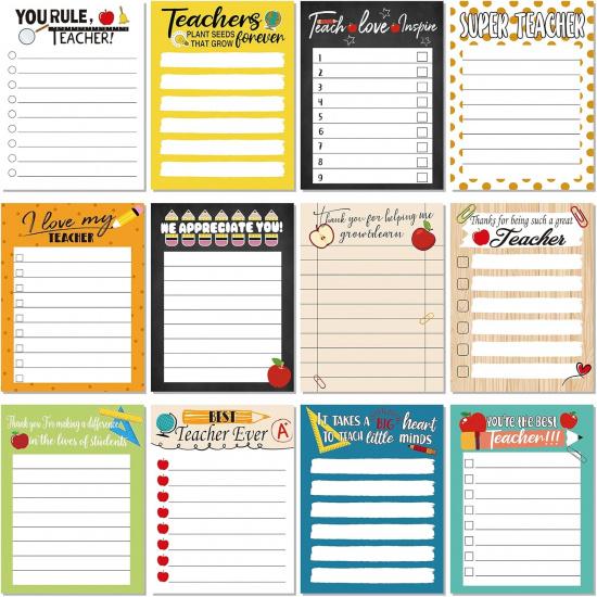 12 Pcs Teacher Appreciation Notepad Gift Sets Lined Notepads Teacher to Do List Memo Notepads for Present Colored Cute Sticky Paper Notes Organizer Cute Style