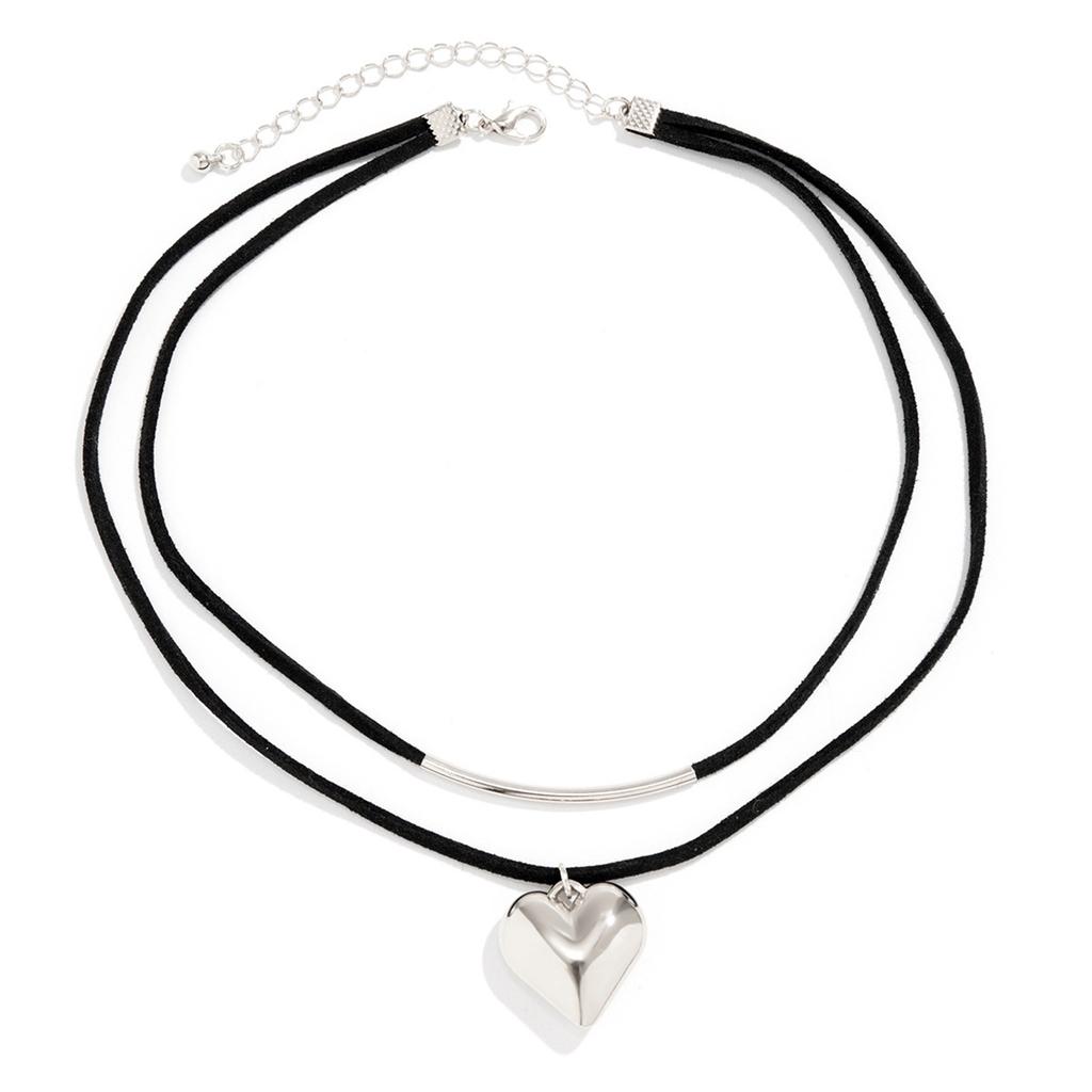 Double Layer Velvet Cord Necklace with Geometric Heart Pendant Adjustable Length Choker Style Jewelry for Everyday Wear and Special Occasions