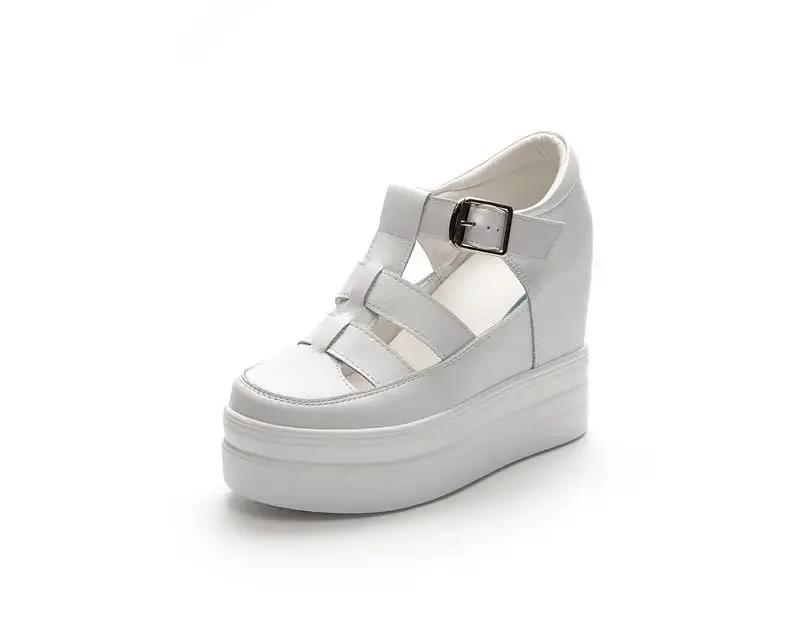 

11 см Повседневная женская обувь, увеличивающая рост, натуральная кожа, сандалии с носками, римский стиль, полая толстая подошва, женская обувь 38 белый