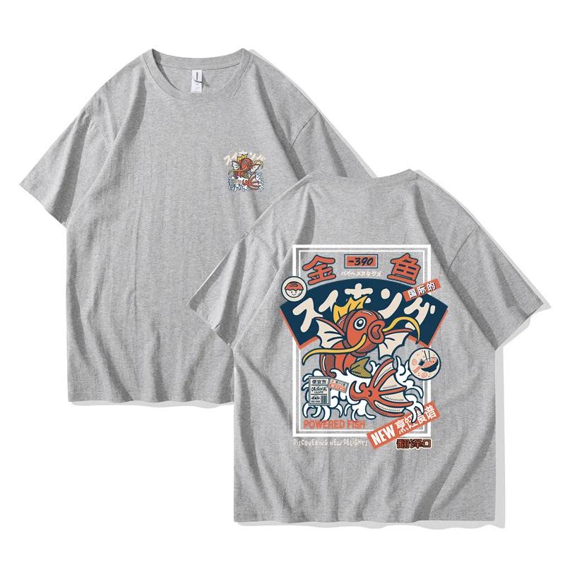 Unisex Red Koi Print Short Sleeved Round Neck Tshirt Japanese Style Harajuku Hip-hop Streetwear Shirt Summer Women Shirt