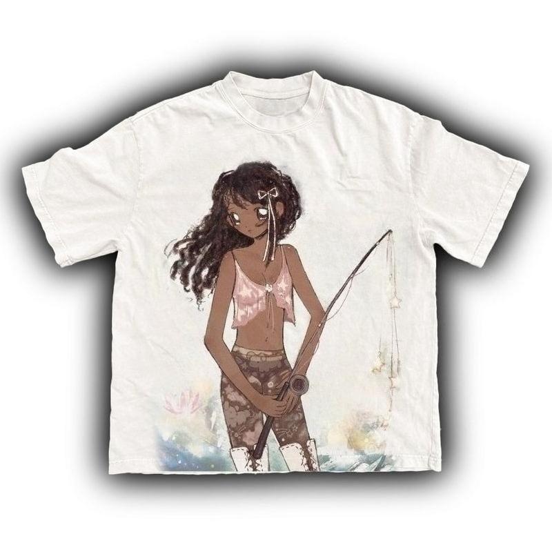

The Girl Is Fishing Graphic Print Autumn Pure Cotton Men s and Women s T-shirt Short Sleeve Street Fashion Trend Clothing S
