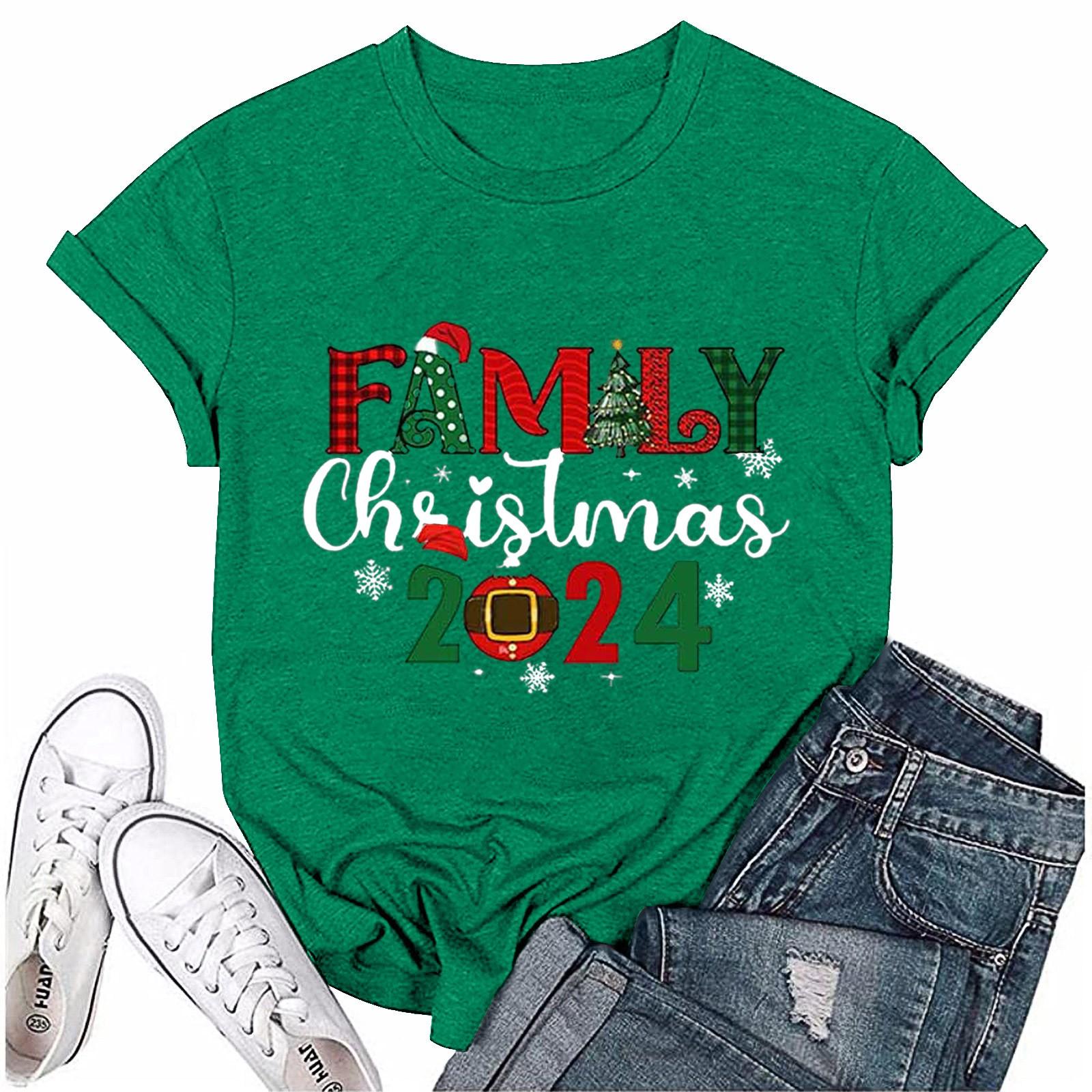 

Женский повседневный рождественский принт с короткими рукавами и круглым вырезом, свободный пуловер, топ L армия зеленый