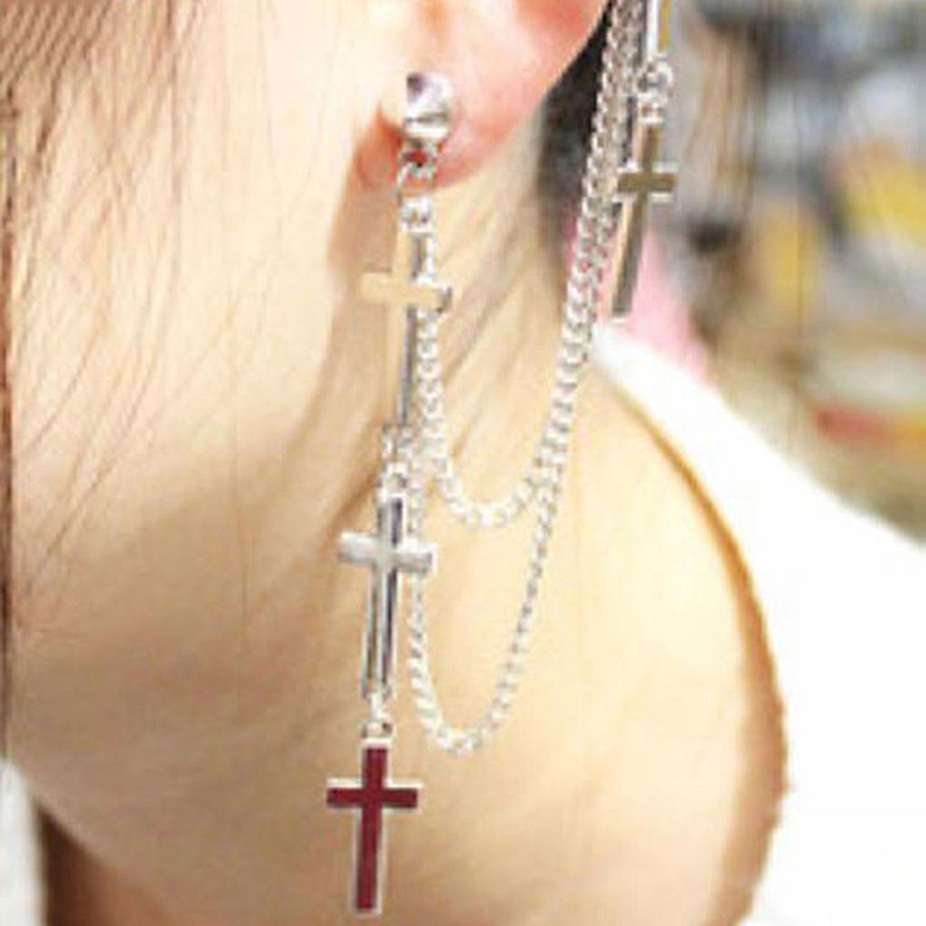 Gothic Punk Cross Lång Tofs Kedja Ear Cuff Stud Clip Örhängen Modesmycken