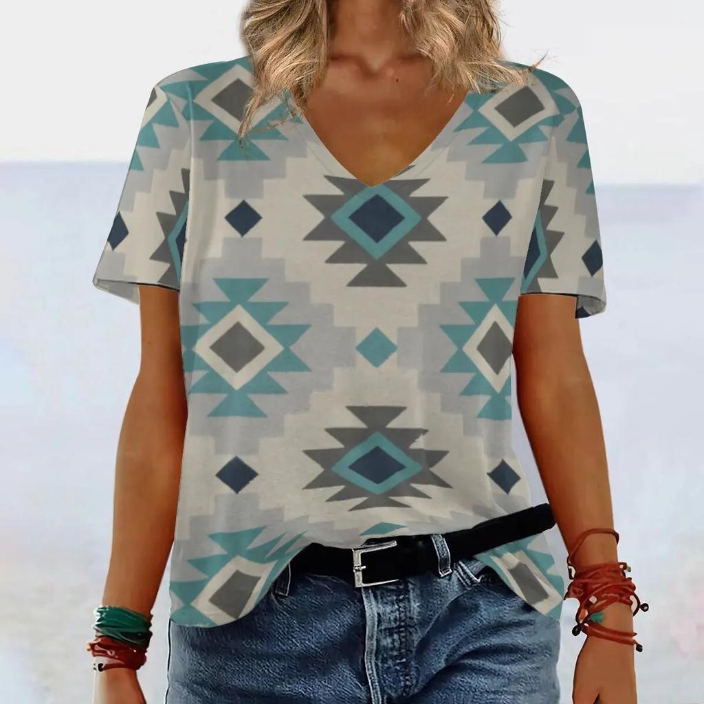 Short Sleeved V-neck Summer Ethnic Style Print Design Casual Women's T-shirts
