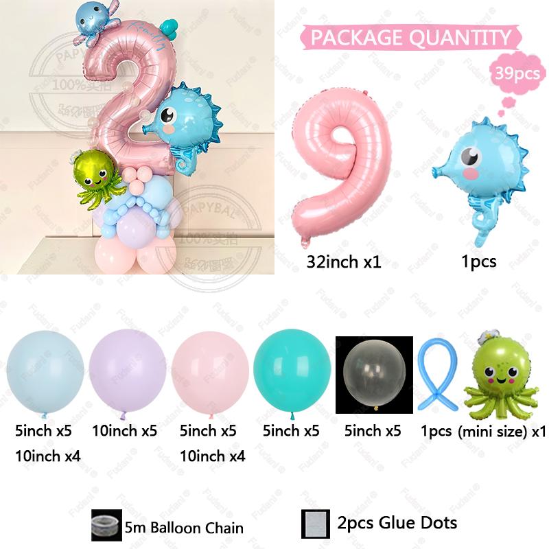 

39 шт. Серия «Морской мир» Морской конек Морская звезда Малек Осьминог Синие цифры Красочные принадлежности для украшения на день рождения Набор шаров As The Picture