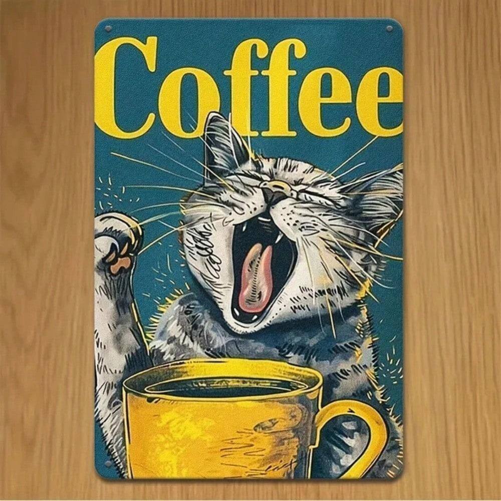 Vintage Retro Cat Coffee Metal Tin Sign Wall Decor 8x12