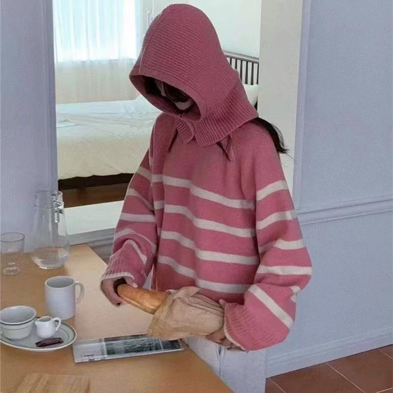 Chic contrasting striped hooded sweater women's autumn, winter, autumn and winter loose lazy wind long-sleeved knitted sweater top