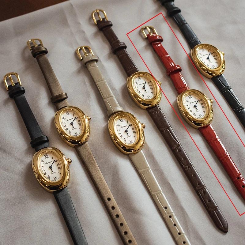 Women's Vintage Oval Goose Egg Quartz Watch Waterproof Real Leather Dress Ladies' Watch Christmas Gift Clock Montres Pour Femmes