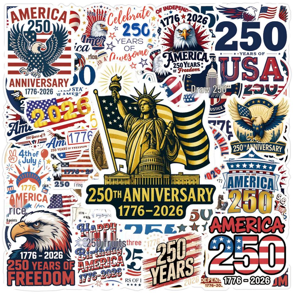 USA 250th Anniversary Stickers: 55 Sheets for Water Cups & Skateboards