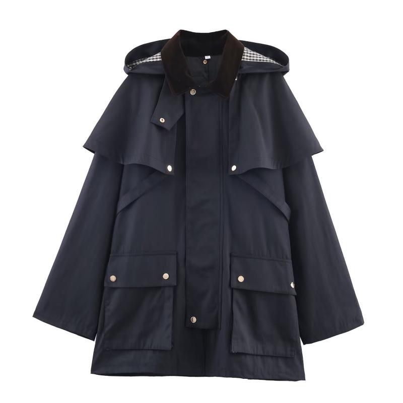 

European & American Women s Fashion Casual Color Block Hooded Windbreaker XS темно-синий