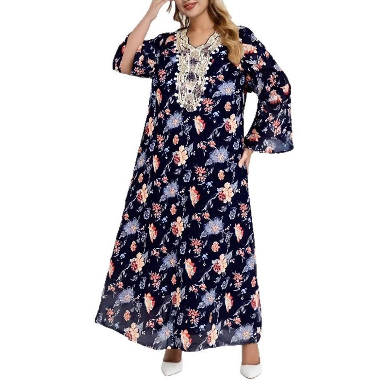 Long Sleeve Dress Print Loose Women's Dress Ethnic Lace Flared Sleeve Dress
