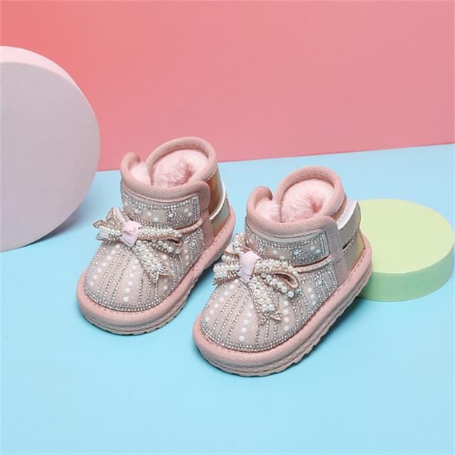 

Winter Baby Shoes Pearl rhinestones Infant Toddler Boots Soft Comfortable Rubber Non-Slip Warm Plush Baby Snow Boots 21 рожевий