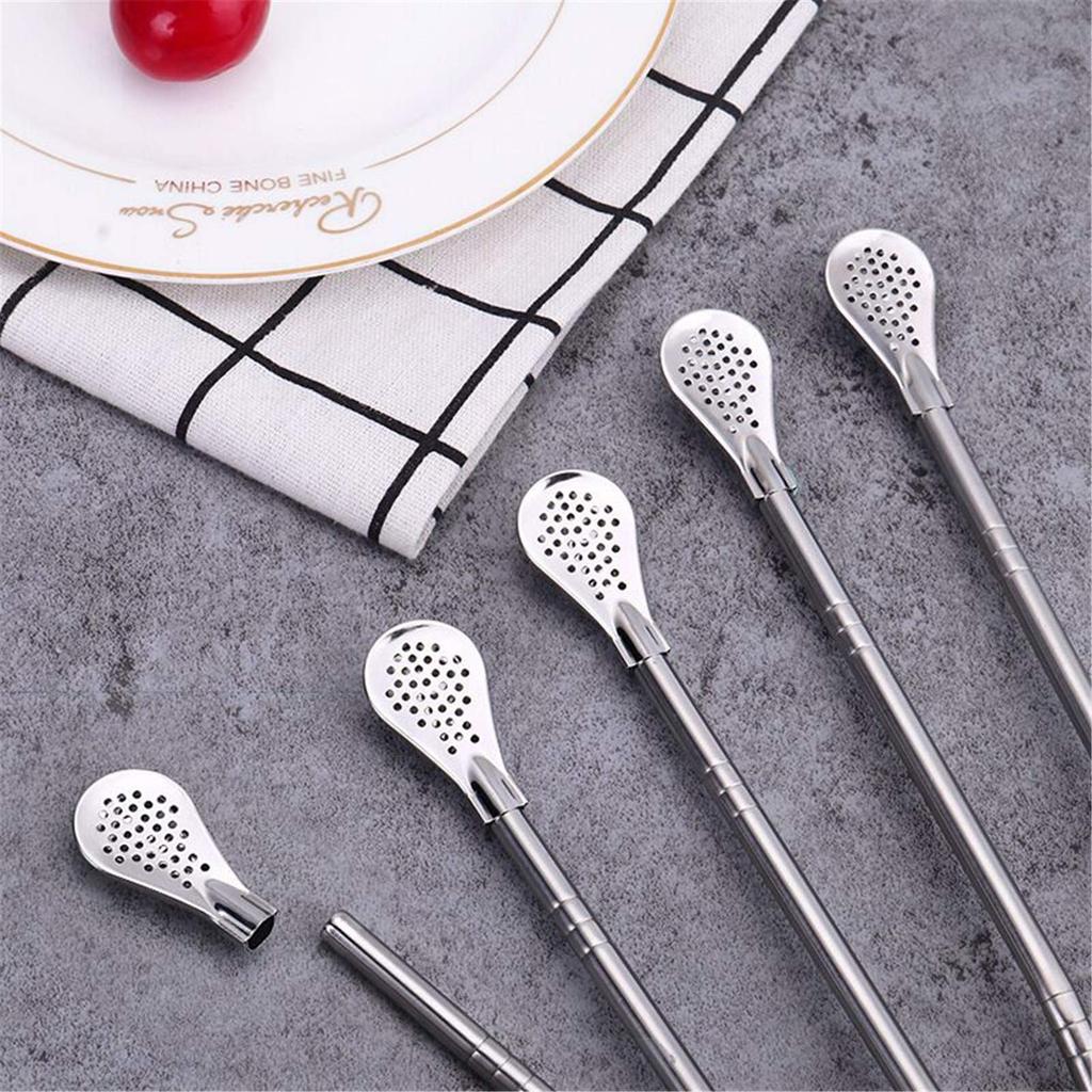 Metal Straw Stirring Spoons for Drinking, 304 Stainless Steel Reusable Tea Cocktail Filter With Brush Kitchen Bar Utensil