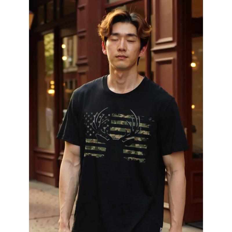 

European sizes American Flag Camouflage Outdoor Antlers Deer T-Shirt Clothing 2025 4XL чорний