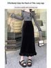 Women's Layered Velvet Midi Skirt with High Slit and Ruffle Lace - Thickened for Autumn and Winter