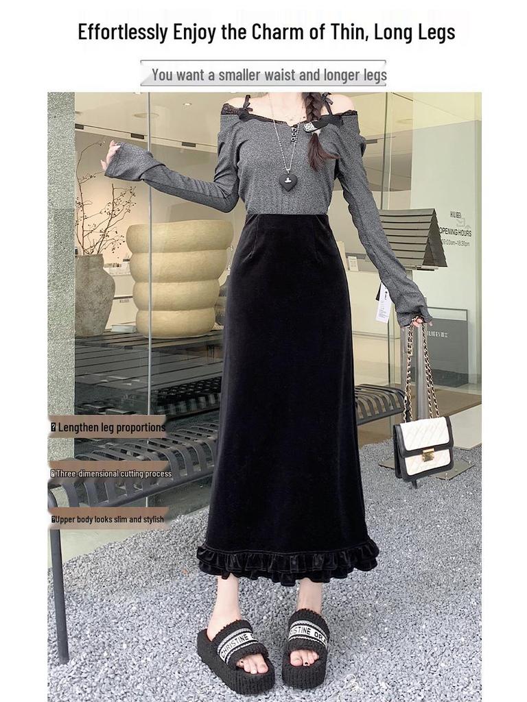 Women's Layered Velvet Midi Skirt with High Slit and Ruffle Lace - Thickened for Autumn and Winter