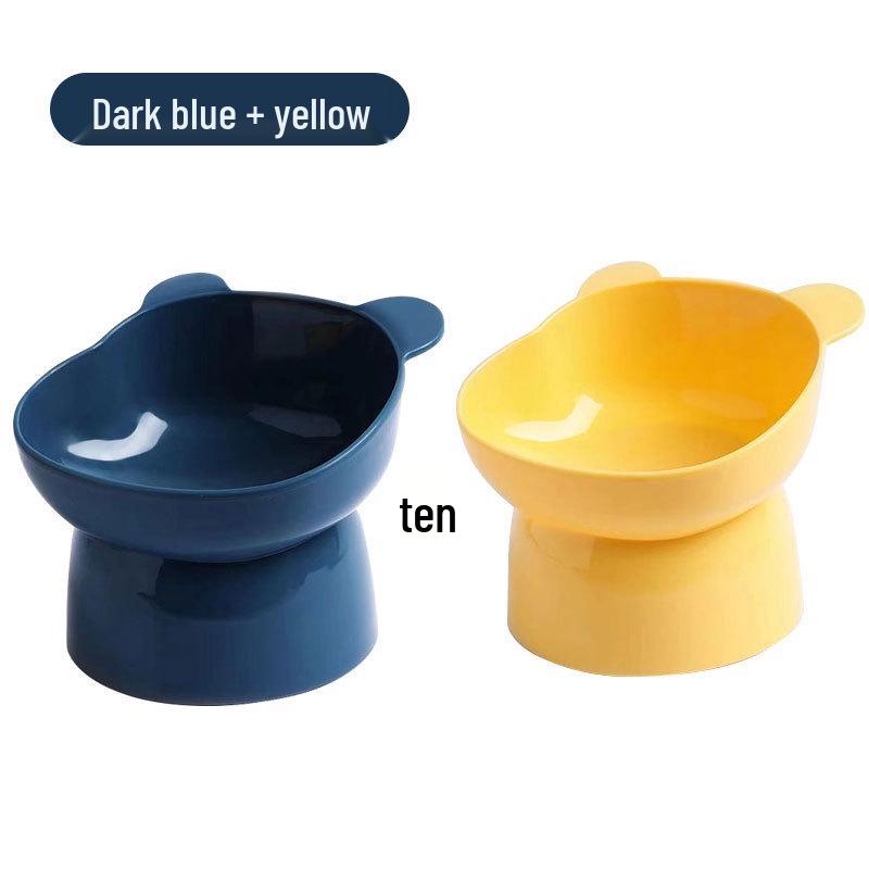 Pet Cat Bowl with Slanted Mouth and Anti-Overturn Design, High Foot, Elephant Leg Neck Protection, Cute Plastic, Four Colors.