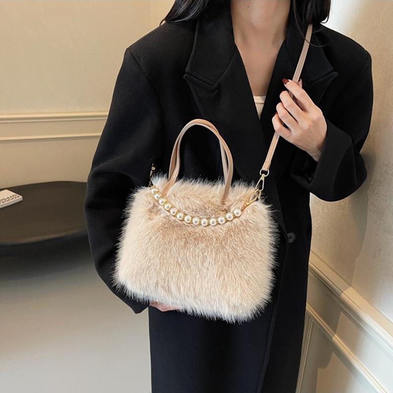 Yogodlns Winter Fashion Faux Fur Crossbody Bags for Women's Gift, Pearl Chain Decor Shoulder Bag, Ladies Handbags Top-handel Bag