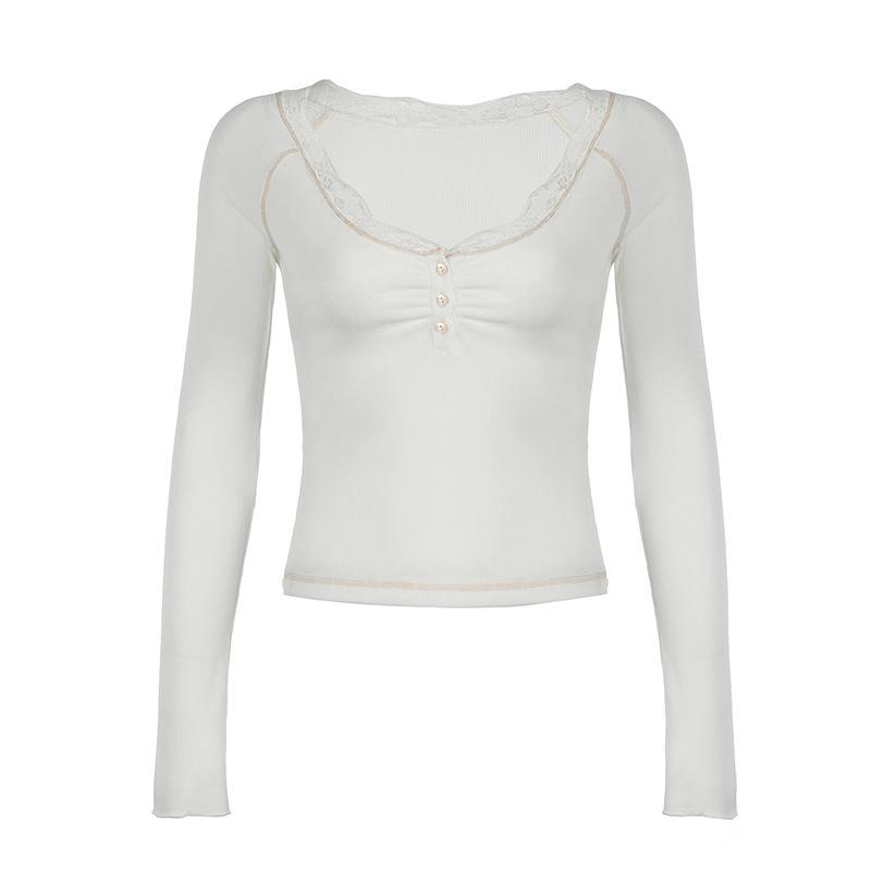 

Versatile College Style Knitwear with Lace Trim and Ruched Detail Small білий