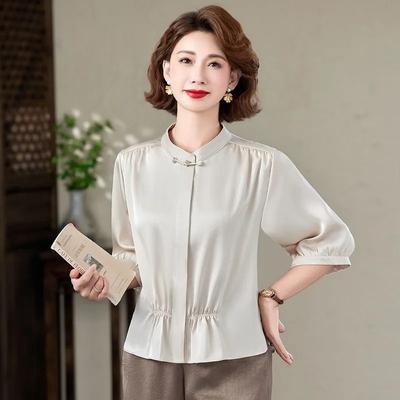 Women's Manin Collar Frog Button Half Sleeve Ruched Blouse Satin Casual Top
