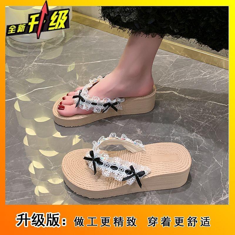 2025 summer wear versatile casual slippers women's platform bow lace edge flip-flops holiday beach shoes women