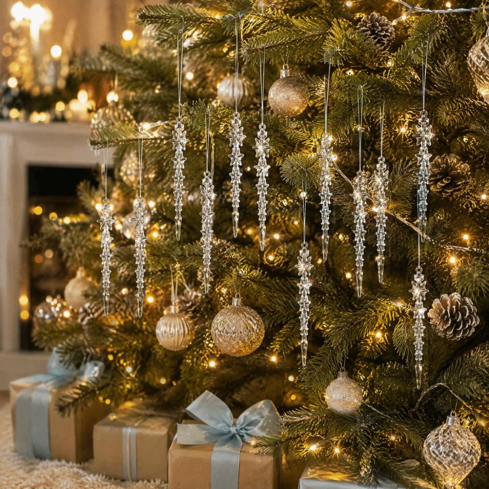12pcs Transparent Snowflakes Ice Strip Pendants Xmas Tree Hanging Ornaments Wedding Supplies