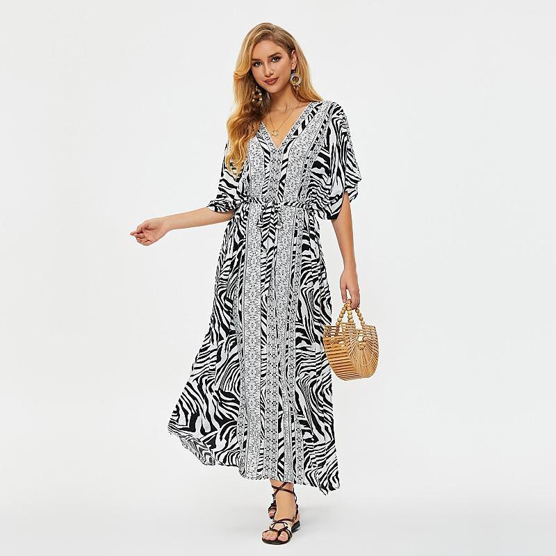 

EDOLYNSA Пляжная накидка Туники для пляжа с принтом Шифоновый длинный кафтан Бикини накидка Robe de Plage Саронг Пляжная накидка на купальник Q1510 белый