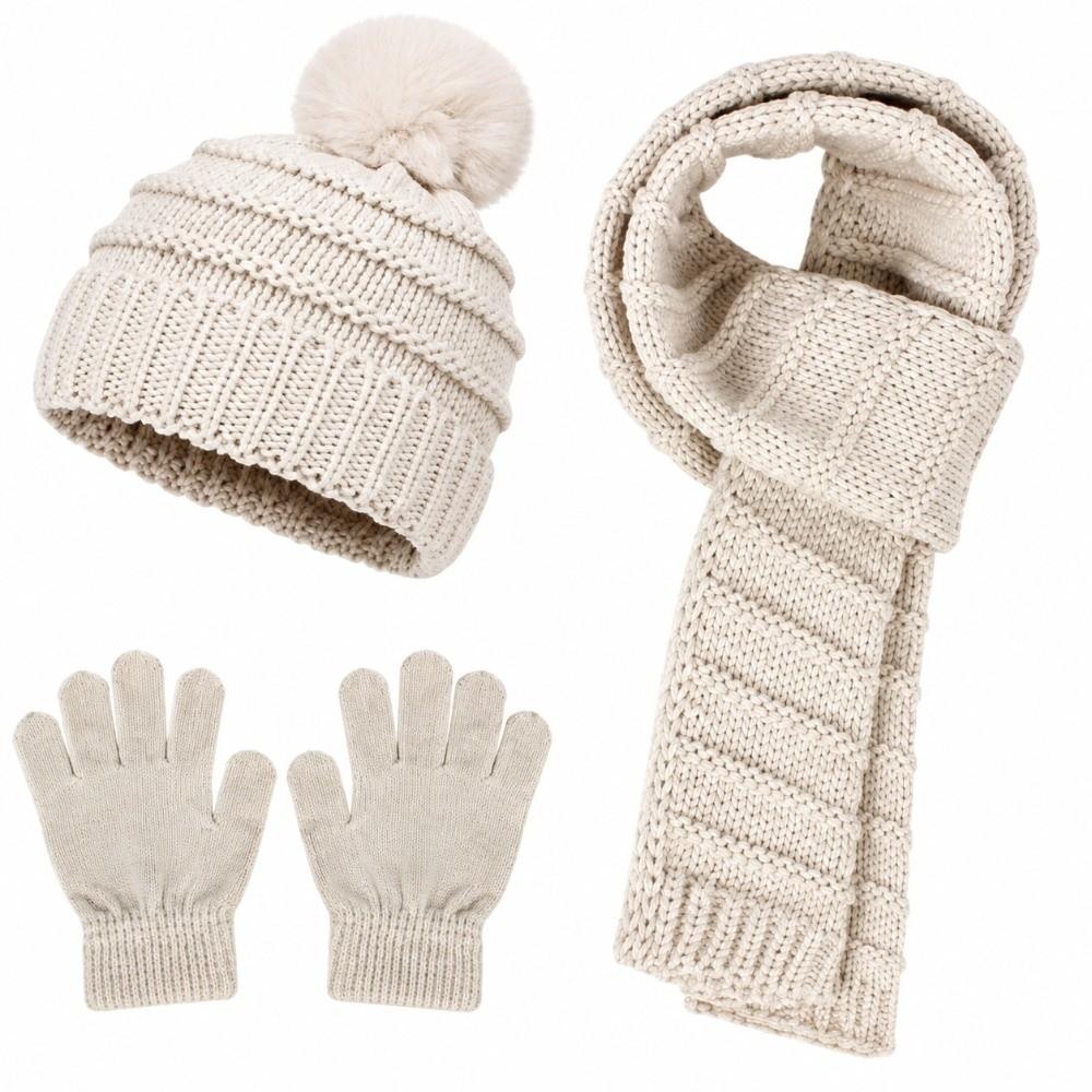 3Pcs/Set Pom Pom Knitted Scarf Gloves Set Soft Cozy Winter Hat Scarf Gloves Kit 2-5Y Baby Kids
