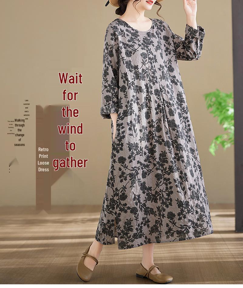 In-Stock Printed Cotton Plus Size Long-Sleeve Women's Dress with Round Neckline