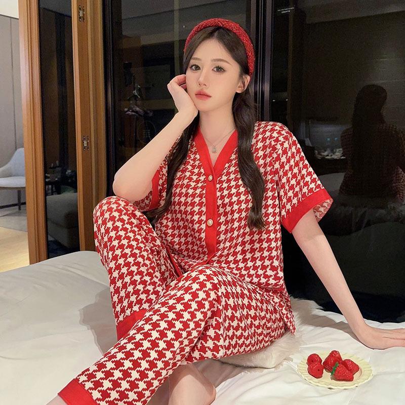 Oversized Women's Pajama Set Summer New Style V Neck Short Sleeve Button Top Pants Set Pajamas Women's 2 Piece Suit