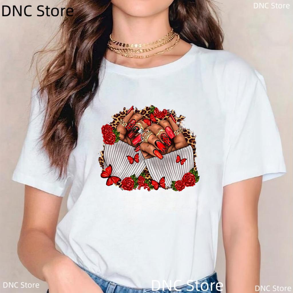 Black Girl Nail Art Pattern Printed T-Shirt Women Retro White Minimalist T-Shirt Summer Round Neck Casual Women'S Shirt Tops