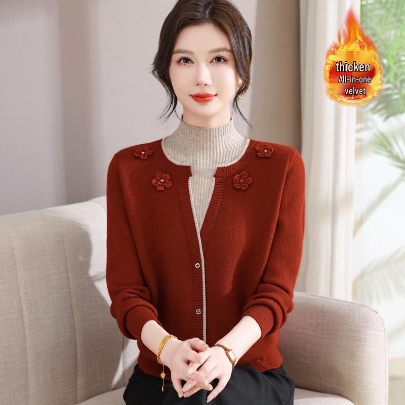 Stylish Faux Two-Piece Velvet Sweater for Middle-Aged & Elderly Women - Warm Knit Base Layer