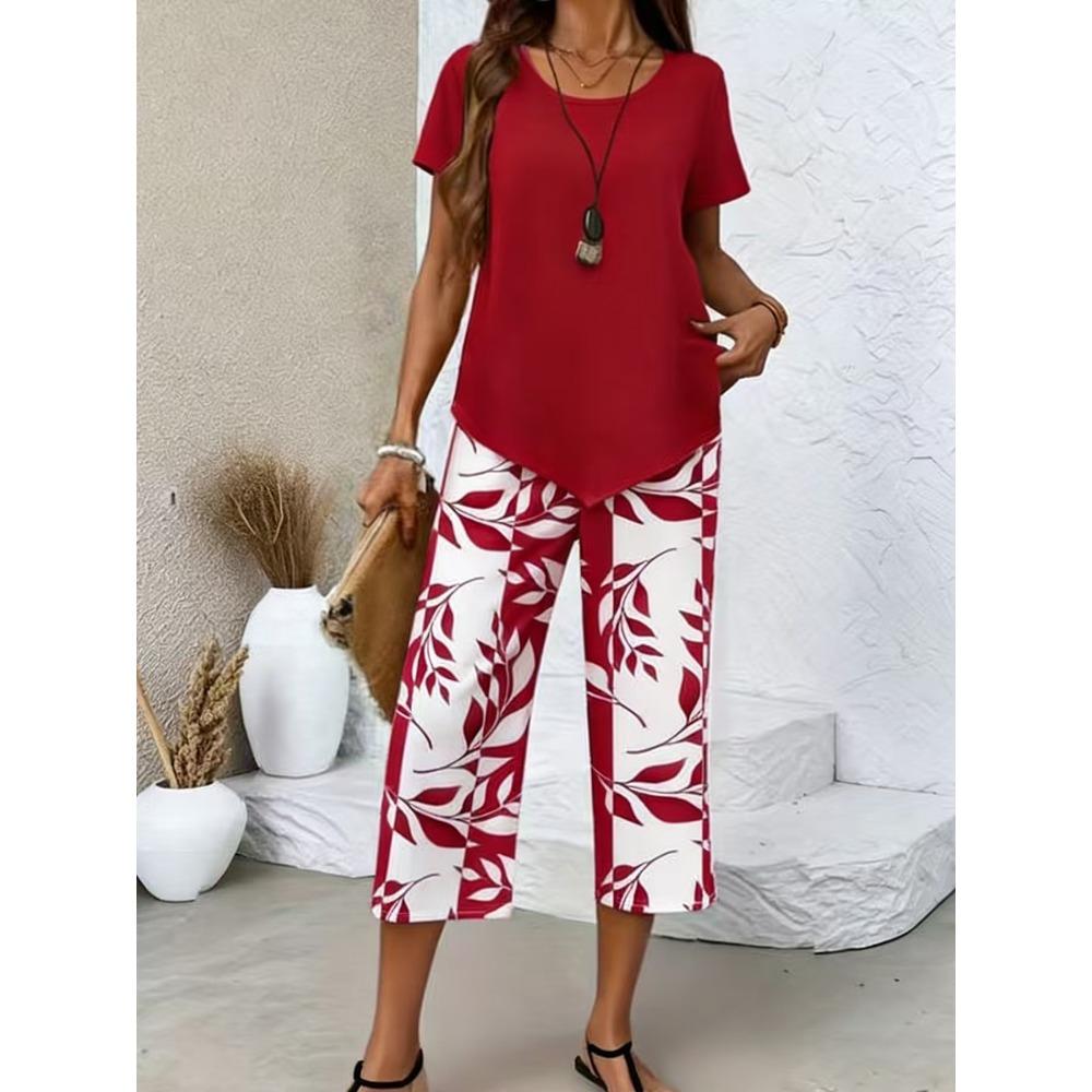 Women Summer Fashion Two Piece Set, Stylish Slimming Short Sleeve Top, High Waist Wide Leg Pants, Elegant Casual Matching Outfit
