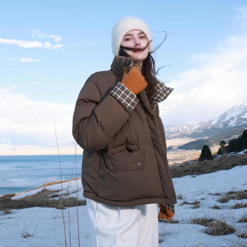 

Sancai 2025 Зимняя короткая пуховая куртка с клетчатой лоскутной отделкой и воротником-стойкой S 155/80A