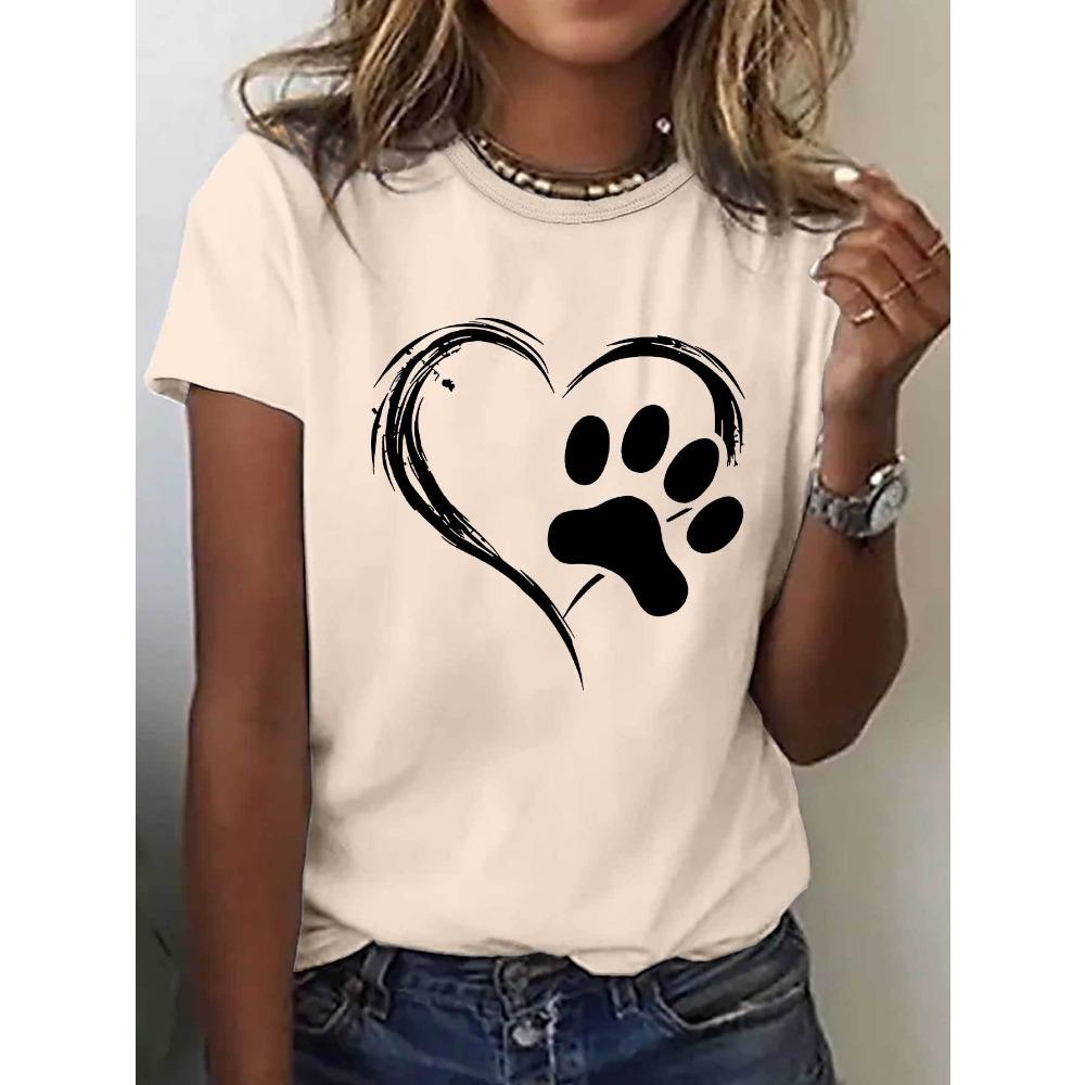 Women's Casual Sleeve Round Neck Playful Heart Paw Print Design Stretch Fabric Spring Attire Clothes