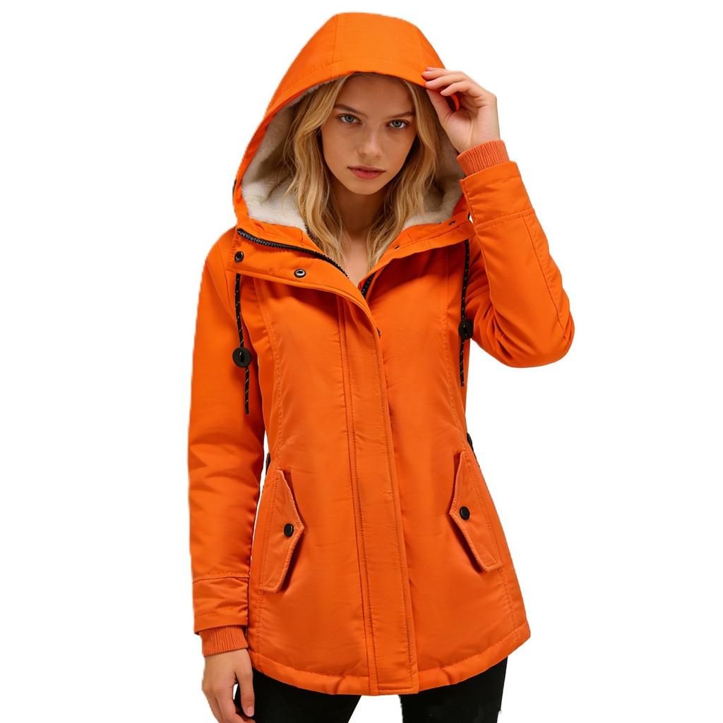 Women's Hooded Sherpa Lined Midi Coat Solid Color Zip Up Warm Winter Casual Outerwear Jacket