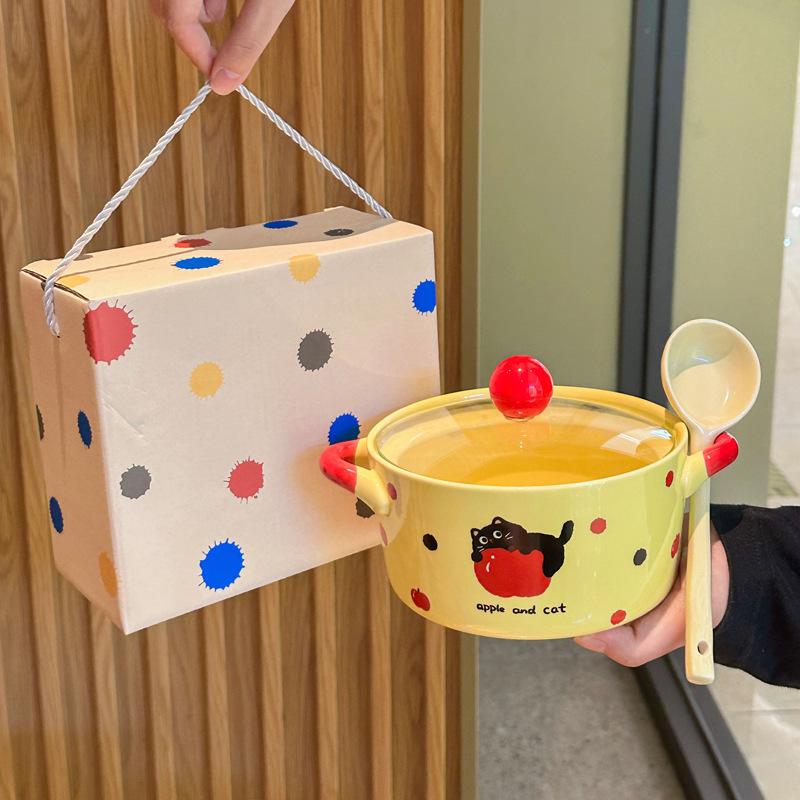 Cute Polka Dot Cat Instant Noodle Bowl Fruit Salad Dessert Bowl Student Dormitory Instant Noodle Bowl Girl Birthday Gift